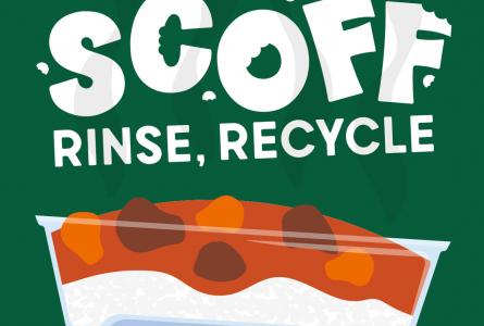 Four by five static image showing a plastic container full of food with the text Scoff, Rinse, Recycle above and Northern Ireland Recycles below.